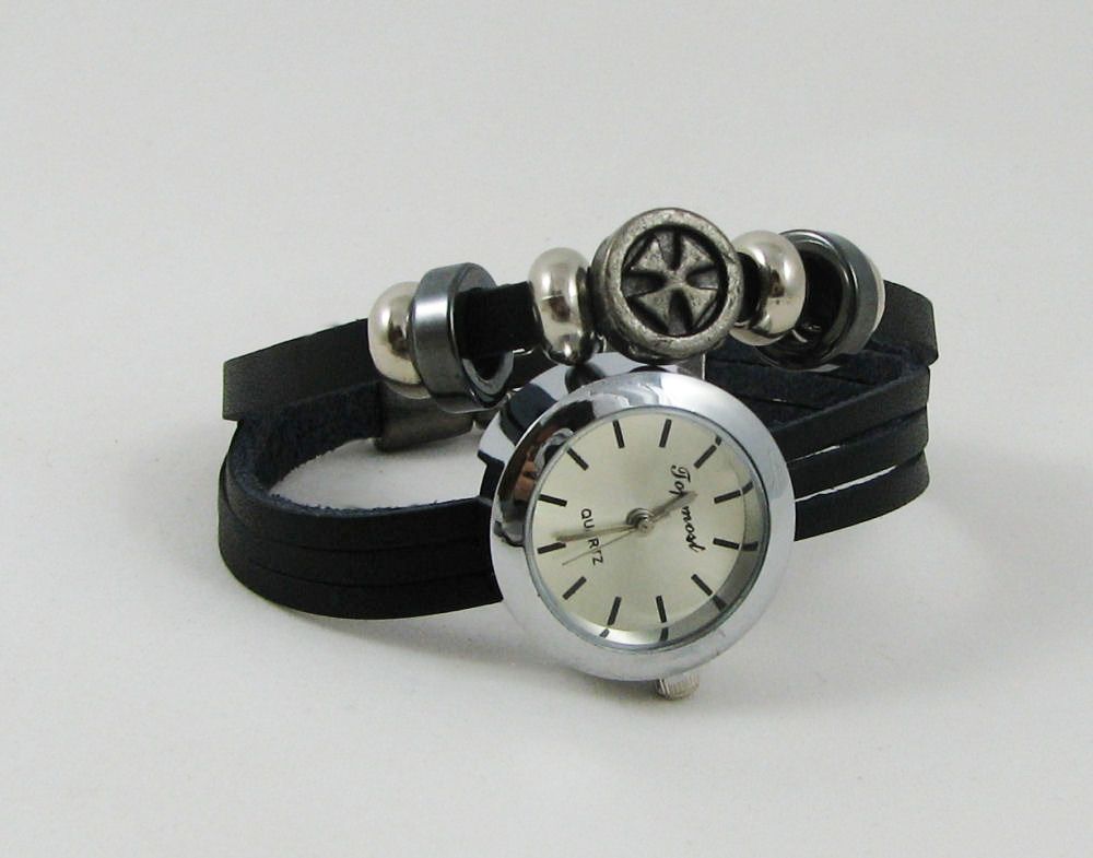 Montre mixte bracelet cuir noir Croix malte