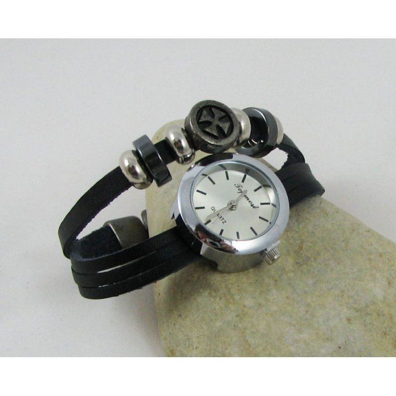 Montre mixte bracelet cuir noir Croix malte