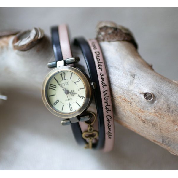 Montre personnalisable cadran bronze aux chiffres arabes sur bracelet duo de cuirs 2 tours 