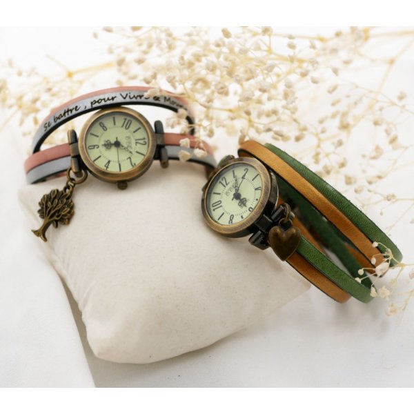 Montre personnalisable cadran bronze aux chiffres arabes sur bracelet duo de cuirs 2 tours 