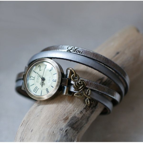 Montre personnalisable cadran bronze aux chiffres arabes sur bracelet duo de cuirs 2 tours 