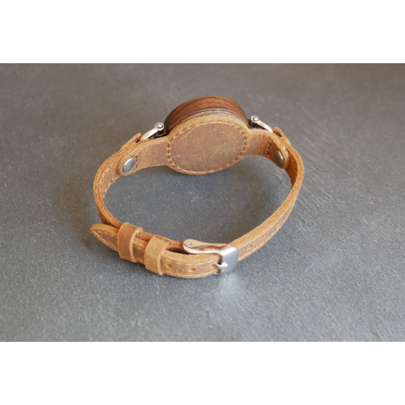 Montre ronde en bois pour femme bracelet fin cuir marron