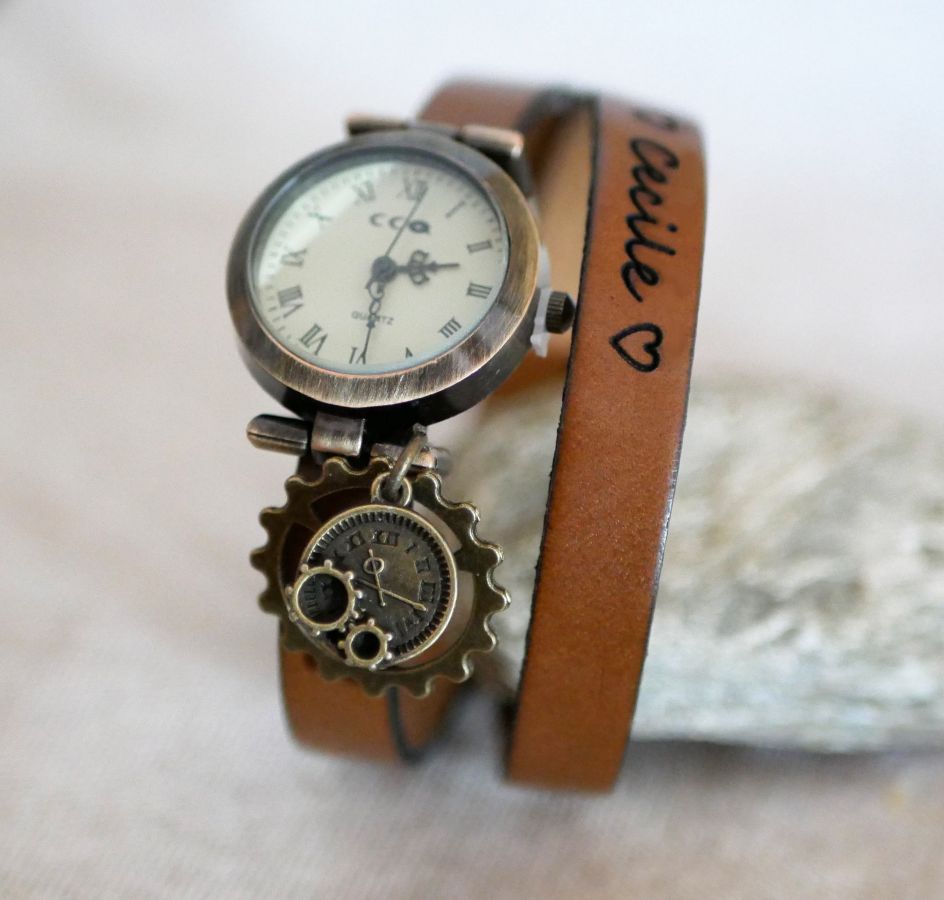 Montre style Steampunk bracelet à personnaliser en cuir 2 ou 3 tours 