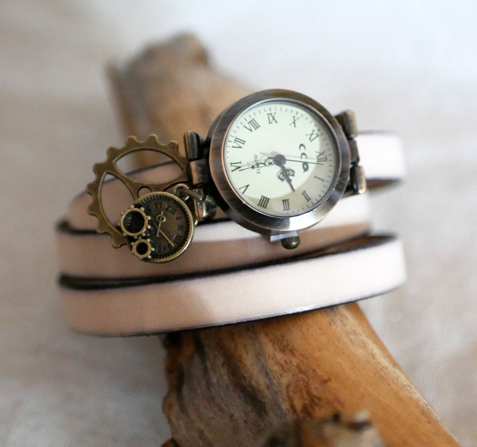 Montre style Steampunk bracelet à personnaliser en cuir 2 ou 3 tours 