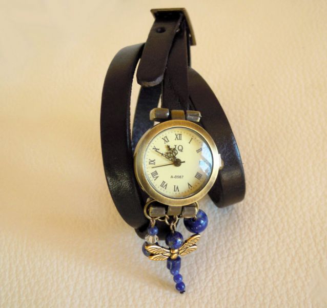 Montre triple cuir noir et pierres naturelles Lapis Lazuli