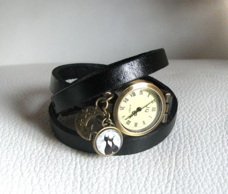 Montre triple cuir noir cabochon Chats et Lune