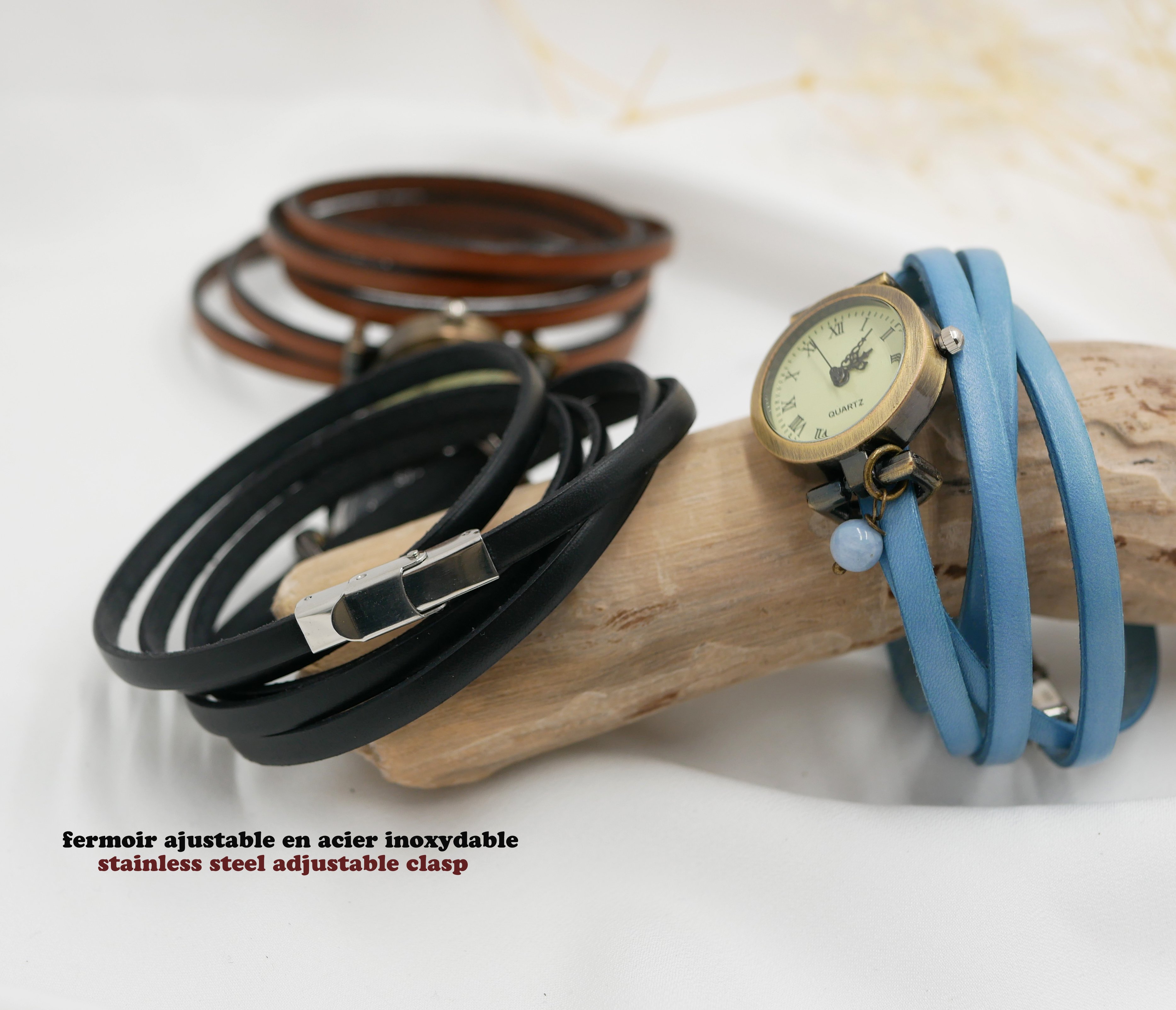 Montre vintage bracelet multi tours en cuir fermoir ajustable