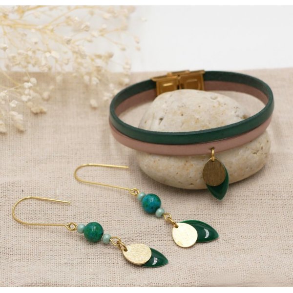 Parure boucles d'oreilles et bracelet cuir aux sequins vert sapin