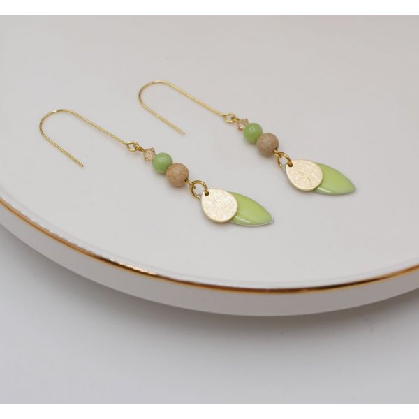 Parure boucles d'oreilles et bracelet cuir aux sequins vert amande