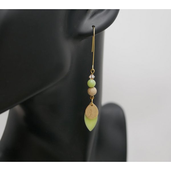 Parure boucles d'oreilles et bracelet cuir aux sequins vert amande