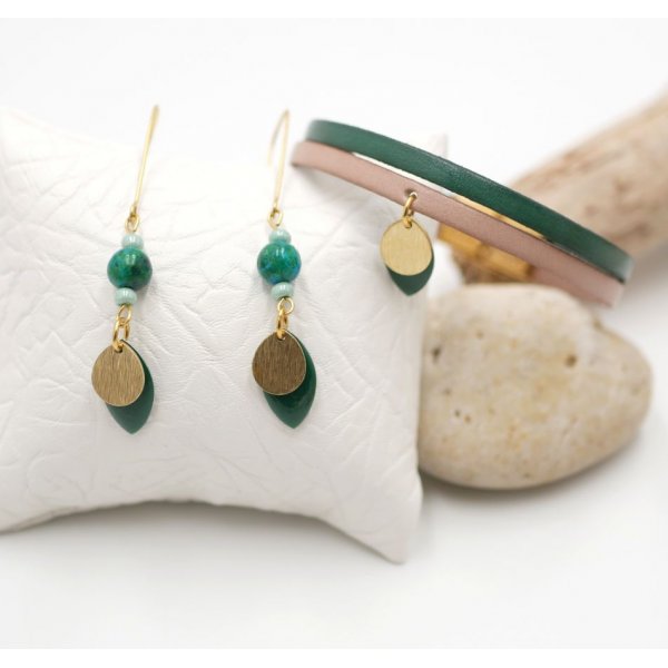 Parure boucles d'oreilles et bracelet cuir aux sequins vert sapin