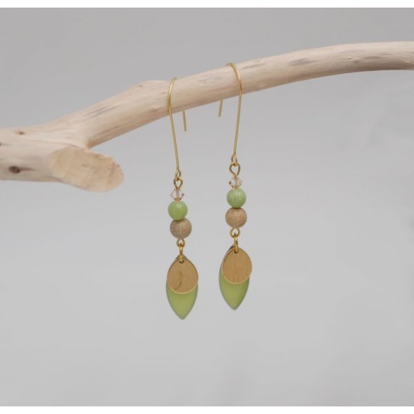 Parure boucles d'oreilles et bracelet cuir aux sequins vert amande