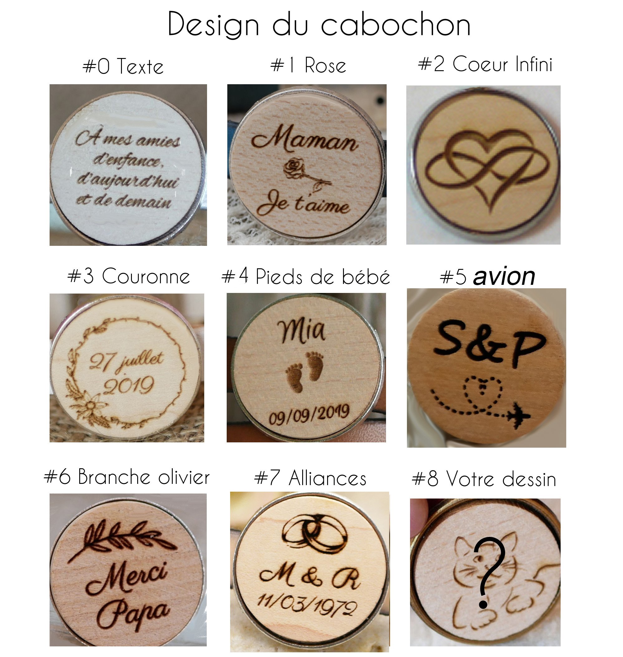 Porte-cl&eacute;s cabochon en bois grav&eacute; personnalis&eacute; et boucle en corde couleur au choix