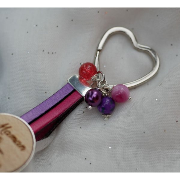 Porte clé cuir double et cabochon en bois personnalisé