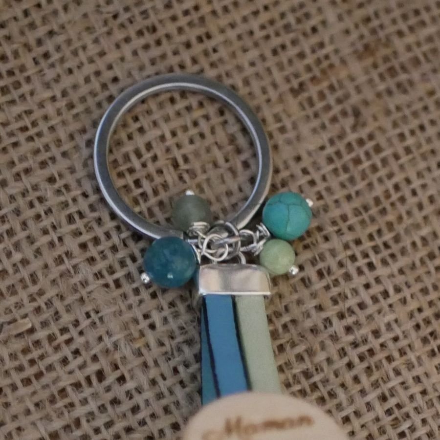 Porte clé cuir double et cabochon en bois personnalisé