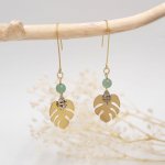 Boucles d'oreilles laiton brut feuilles monstera et trèfle