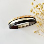 Bracelet manchette femme aux 3 cuirs orange argenté  fermoir à extension