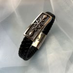 Bracelet homme cuir noir tressé décor croix stylisée