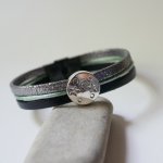 Bracelet multi-liens de cuir cabochon Lune étoiles argenté, vert et noir