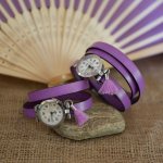 Montre bracelet en cuir Lilas 2 ou 3 tours avec pompon