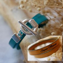 Bracelet cuir double tour à l'élégant fermoir en T argenté personnalisable