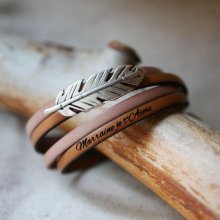 Bracelet cuir double en duo décoré d'une plume argentée