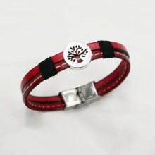 Bracelet homme en duo de cuir rouge surpiqûres Arbre de vie personnalisable 