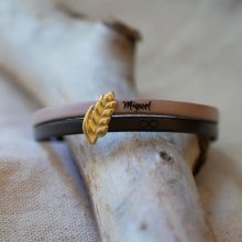 Bracelet duo de cuir et passant Epi de blé doré personnalisable, cadeau noces de froment pour femme