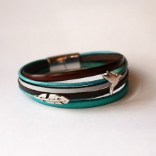 Bracelet manchette multi cuirs turquoise et marron aux 2 passants argentés