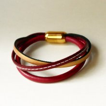Bracelet manchette femme multi cuirs Rouge et Doré