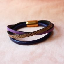 Bracelet manchette femme multi cuirs Violet et Doré