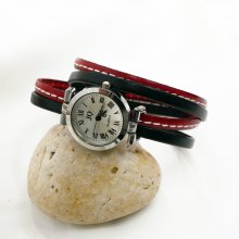 Montre bracelet double cuir Rouge aux surpiqûres 