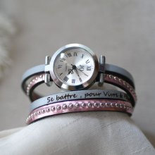 Montre argenté bracelet double cuir rose métallisé à personnaliser 