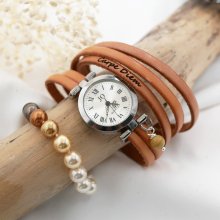 Montre argenté bracelet multi tours en cuir fermoir ajustable