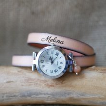 Montre bracelet cuir 2 tours personnalisable au cadran argenté