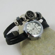 Montre mixte bracelet cuir noir Croix malte