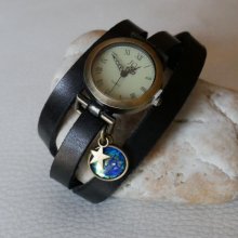 Montre bracelet cuir cabochon écailles bleues