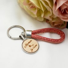 Porte-clés cabochon en bois gravé personnalisé et boucle en corde couleur au choix
